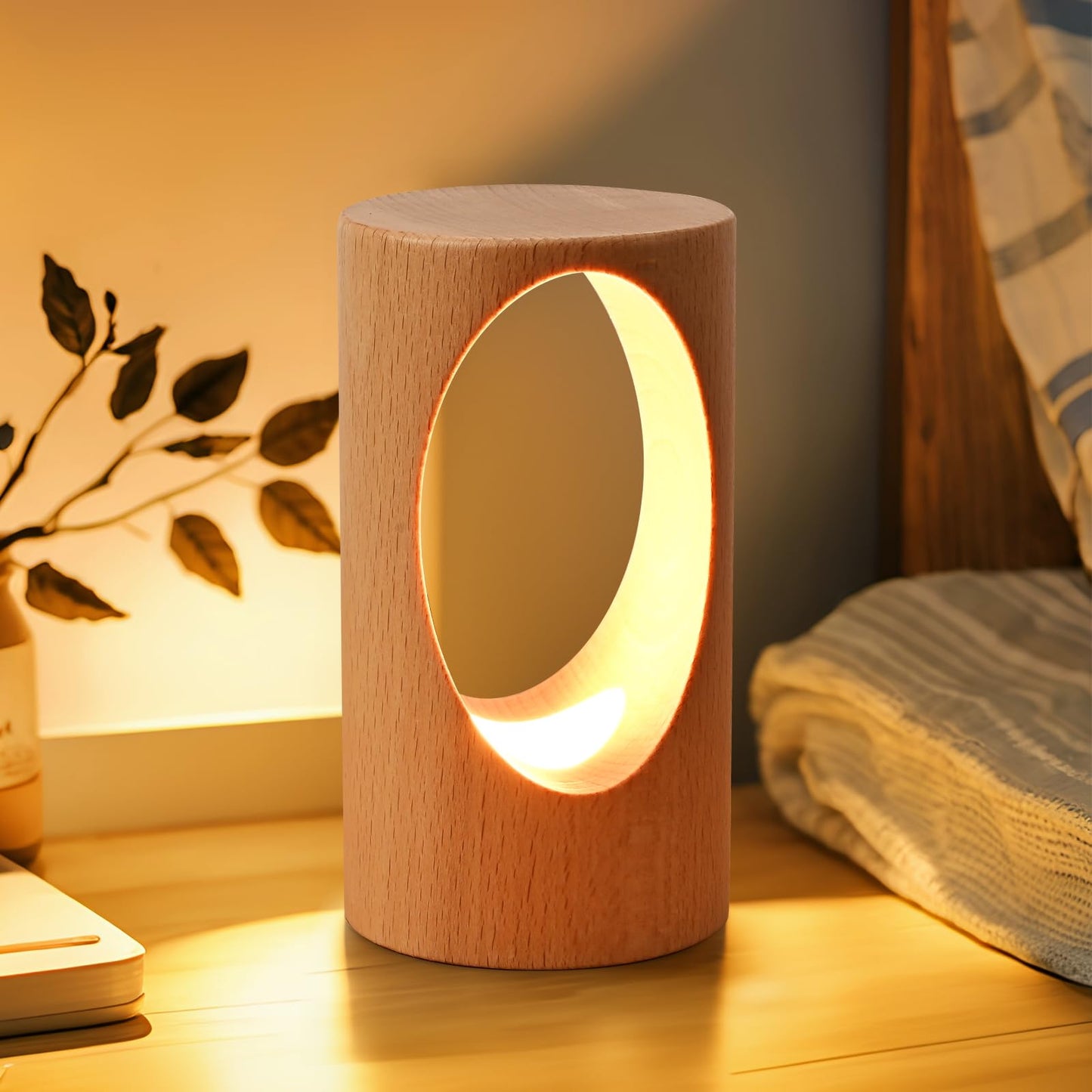 YIEONSHION LED Wooden Desk Lamp, Dimmable Bedside Night Light for Bedroom, Creative Home Décor Table Lamp, Warm Ambient Lighting, Unique Housewarming Gift