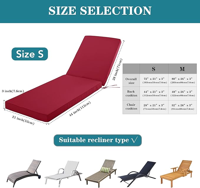 Outdoor Chaise Lounge Cushion Set of 2, Fadesafe Water-Repellent Lounge Deck