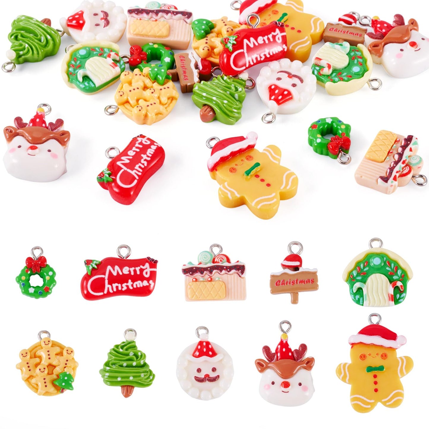 Cheriswelry 20Pcs Christmas Charms for Jewelry Making Resin Pendant Charm Snowman Deer Gingerbread Man Christmas Tree Cake Dangle Charms 14-29mm for DIY Crafts Necklace Earring Bracelet Making