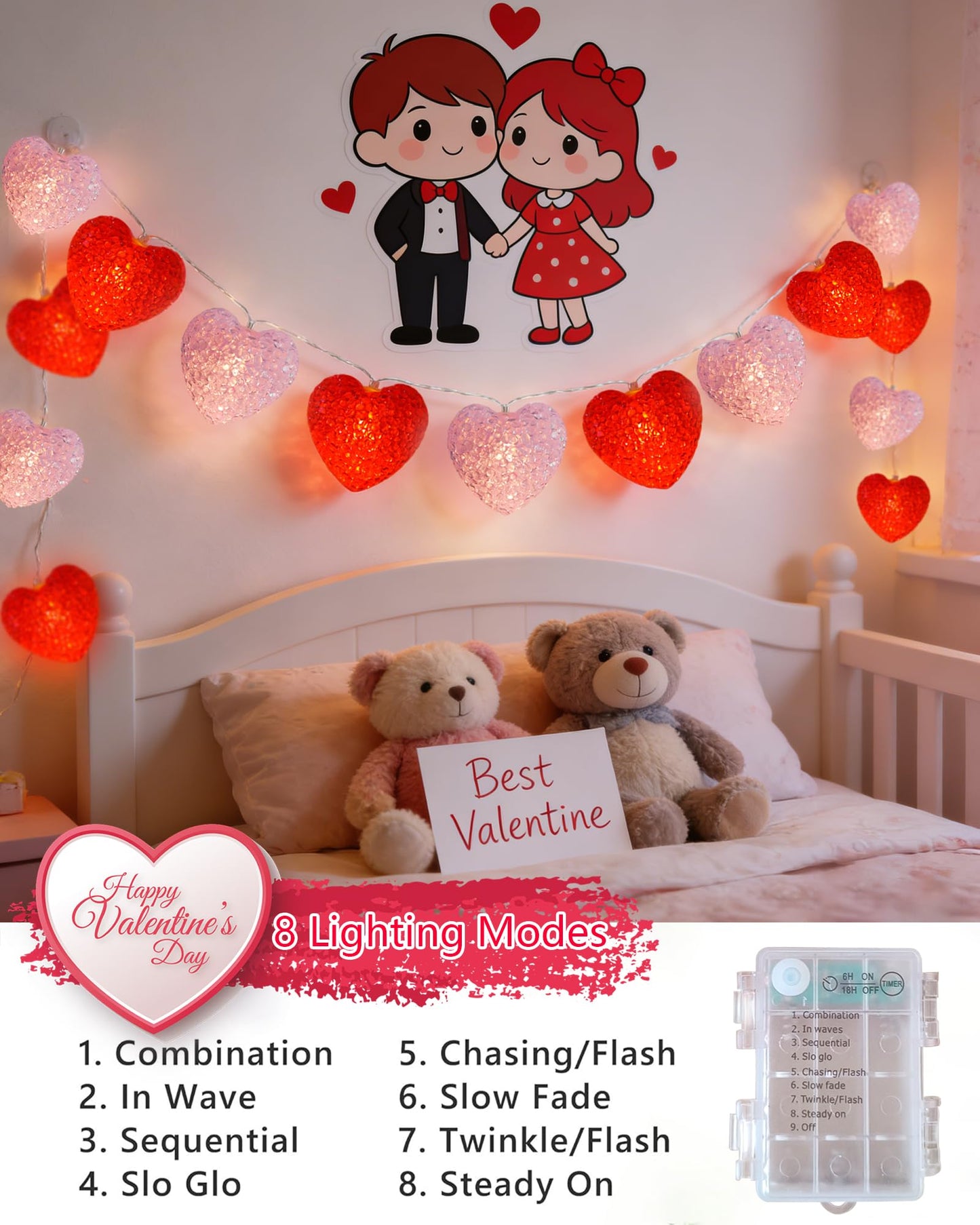 Valentines Day String Lights 7Ft 10 LED Red Pink Heart Lights Battery Operated with 8 Modes & Timer, Shatterproof Valentine Heart String Light for Indoor Outdoor Home Porch Christmas Valentines Decor