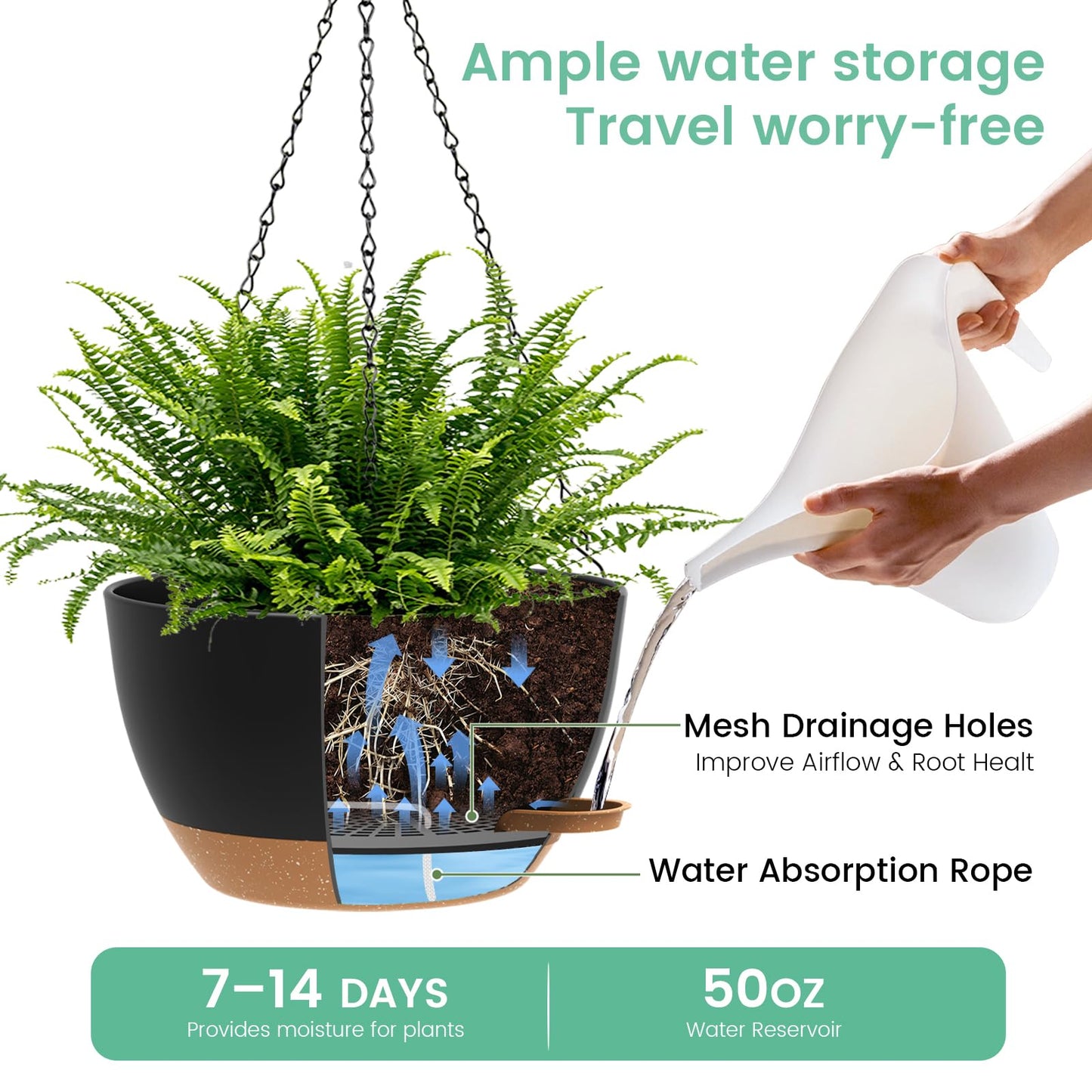 UOUZ 13 Inch 2 Pack Large Self Watering Hanging Planters for Indoor Outdoor Plants, Hanging Plant Pots with Removable 50 Oz Reservoir, Plastic Hanging Basket for Window Porch Garden, Black with Brown
