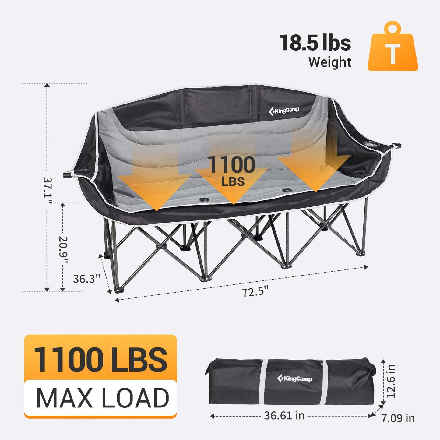 KingCamp 3 Person Camping Chair, Oversized 1100lbs Heavy Duty Loveseat for Adults Portable Folding XL 2 Person Couch Padded Comfortable Three Seat with Cup Holder for Outdoor Lawn Backyard, Black/Grey