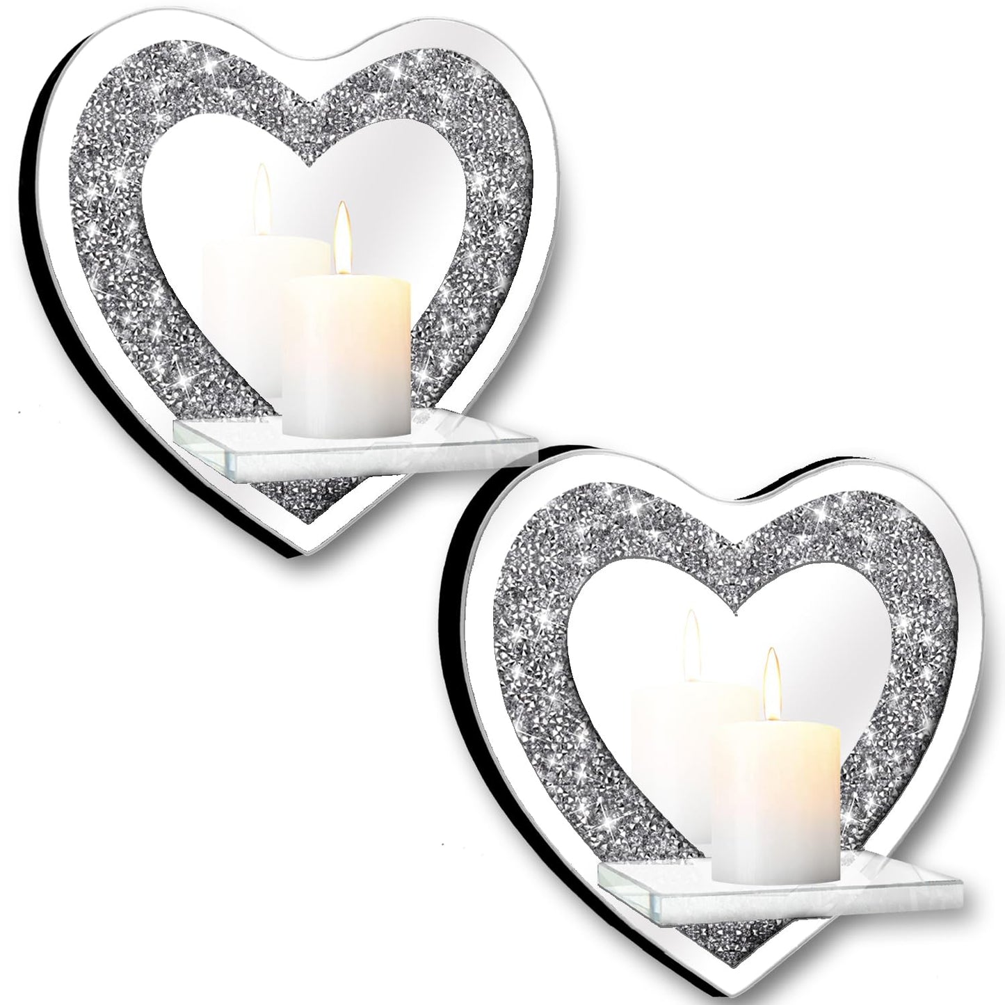 ZOLAPI Set of 2 Crystal Crush Diamond Candle Sconces, Gorgeous Silver Mirrored Wall Sconce, Candle Holder Glass Wall Decorations for Home Décor, Living Room, Dining Room.Heart Shaped