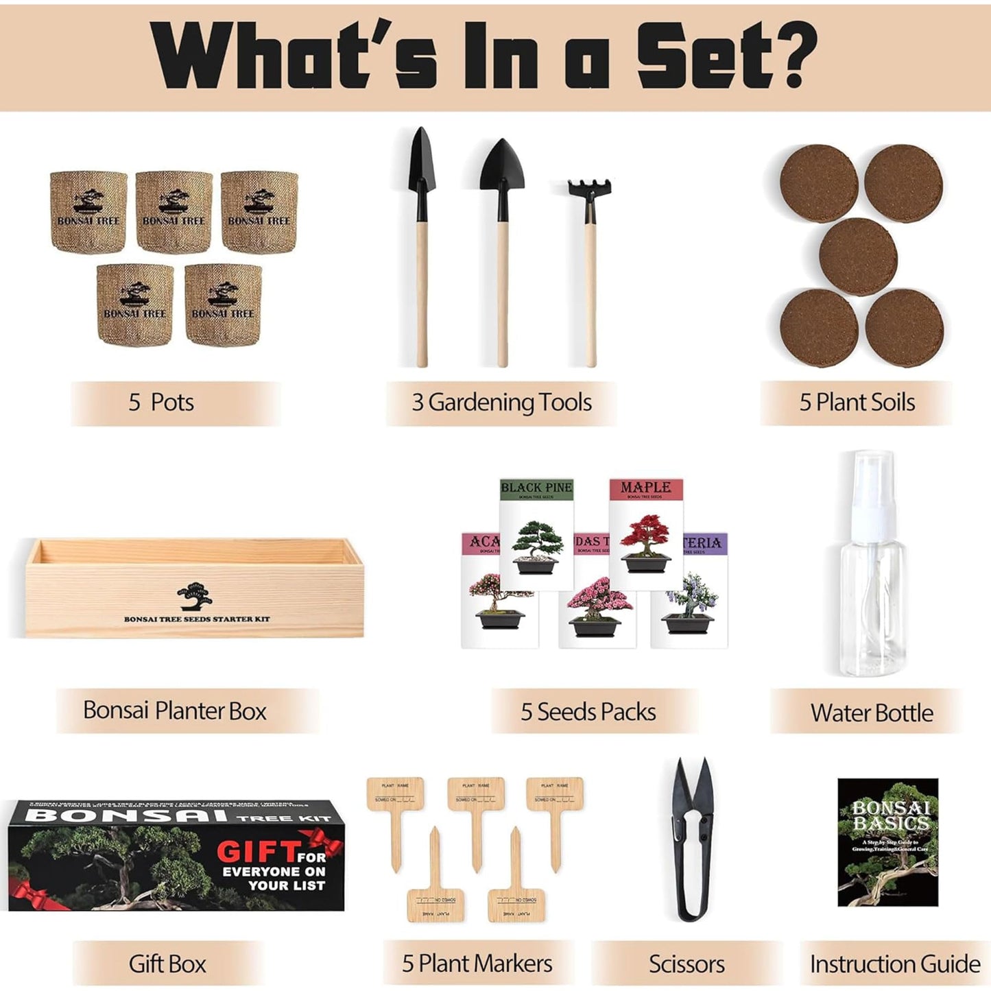 Sproutix Indoor Bonsai Garden Starter Kit, 5 Seeds Growing into Red Maple, Wisteria, Black Pine, Judas Tree, Acacia, Including Complete Gardening Planters & A Planter Box for Women