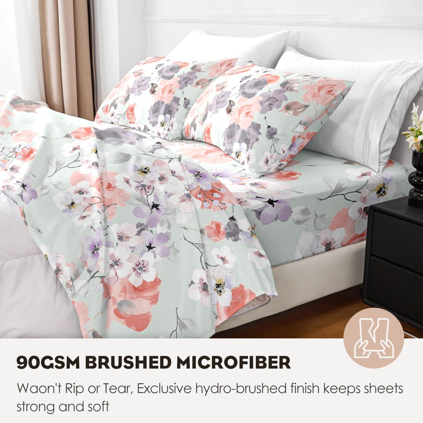 HCORA Floral Queen Sheet Set, Luxury 1800TC Hotel Quality Double Brushed Microfiber Deep Pocket Bed Sheets, Ultra Soft, Breathable and Cooling, 4PC, Queen Size