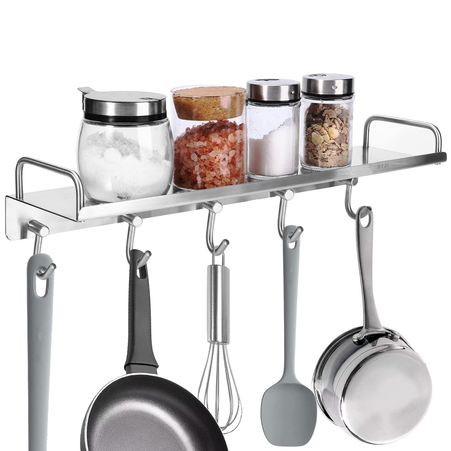 Spice Holder Rack, Coffee Mugs Storager Rack for Glass Jars Bottles, 304 Stainless Steel Shelf, Heavy Duty Kitchen Organizer Wall Mounted, Pots Pans Hanger Holder, 16 Inch With 5 Hooks (Silver)