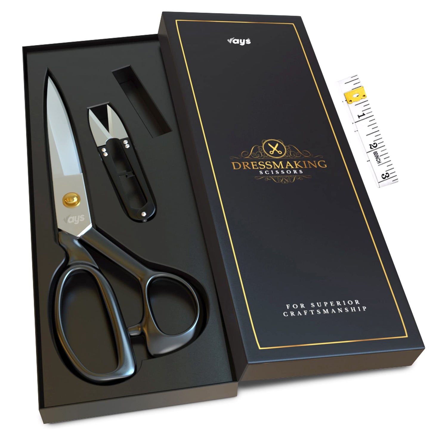 VAYS Fabric Scissors 9 Inch Premium Dressmaking Scissors for Sewing Tailoring & Crafting - with Sharp Thread Nipper & Measuring Tape - Ideal for Felt Leather Thin Metal