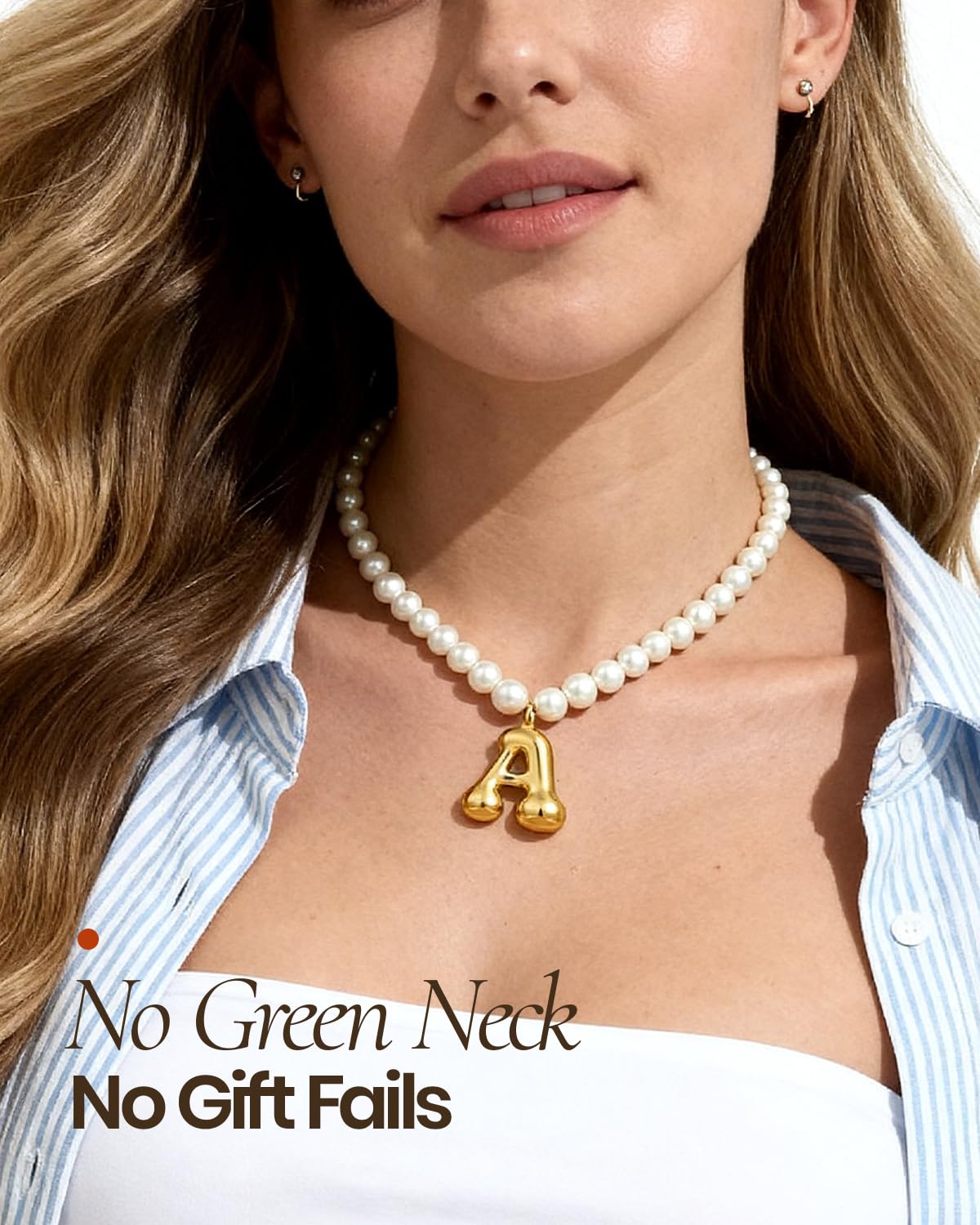 DoDoBeads Pearl Initial Necklace, 18K Gold Plated Stainless Steel Balloon Letter Pendant T, Non-Tarnish Waterproof Chunky Monogram Jewelry Gifts for Women Teens