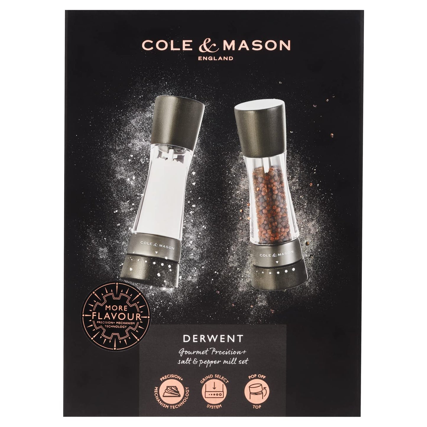 Cole & Mason H332293 Derwent Black Wood Salt and Pepper Mills, Gourmet Precision+, Adjustable Grind, Stained Beech/Acrylic, 190 mm, Gift Set, Includes 1 Salt and 1 Pepper Grinders
