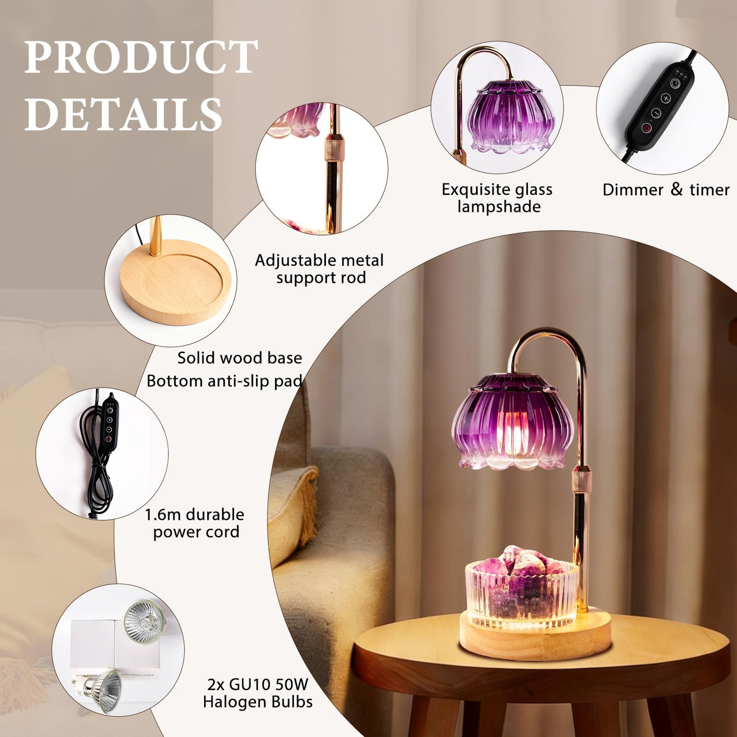 Candle Warmer Lamp with Dimmer & Timer, Adjustable Brightness & Temperature, 2/4/6H Timed, Natural Amethyst Crystals Essential Oil Diffuser & Melting Lamp for Scented Wax Melts, Home Decorative Gift