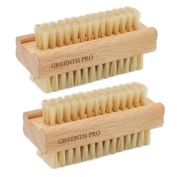 2 Pack Firm Boar Bristle Nail Brush, Hard Beech Wood Handle, Two Sided