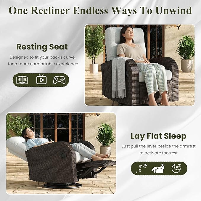 LayinSun Oversized Wicker Outdoor Swivel Glider Recliner with Adjustable Backrest & Footrest, Patio Reclining Lounge Chair