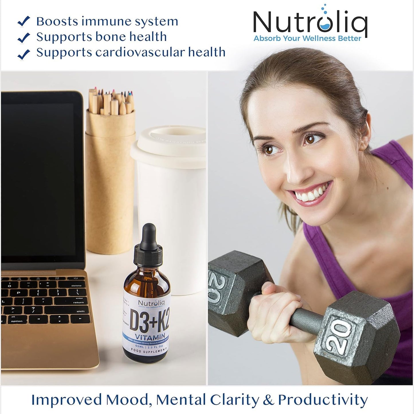 Nutroliq Vitamin D3 + K2 Liquid Drops - 4000IU Vit D3, 100mcg Vit K as MK7, MCT, Extra Virgin Olive Oil - For Immune & Bone Health, Better Energy, Calcium Absorption - Natural Peppermint Flavour, 60ml
