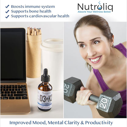 Nutroliq Vitamin D3 + K2 Liquid Drops - 4000IU Vit D3, 100mcg Vit K as MK7, MCT, Extra Virgin Olive Oil - For Immune & Bone Health, Better Energy, Calcium Absorption - Natural Peppermint Flavour, 60ml