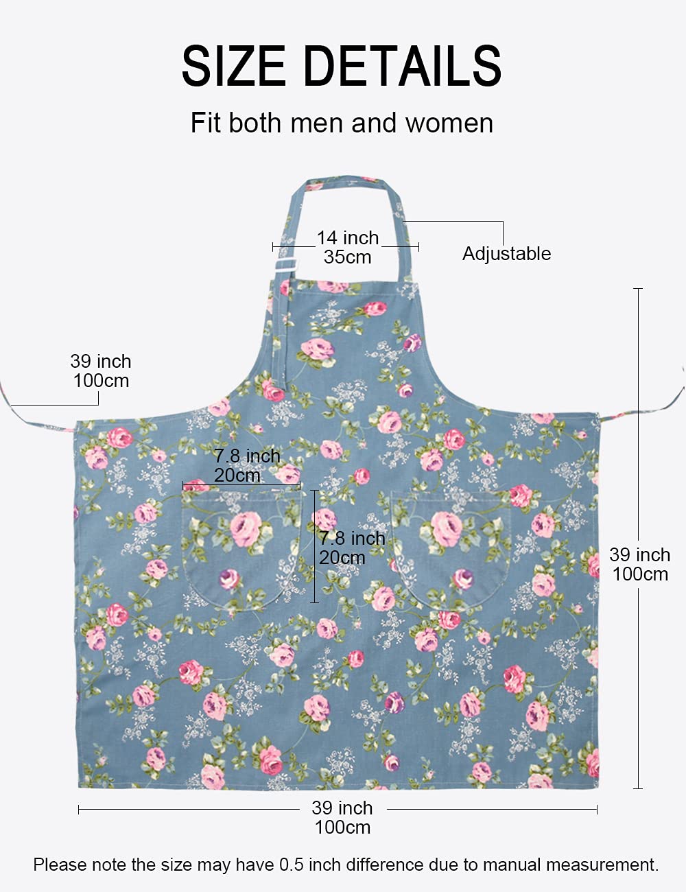 Cotton Linen Baking Plus Size Aprons for Women with Pockets Kitchen Cooking 2X-3X Blue Flowers