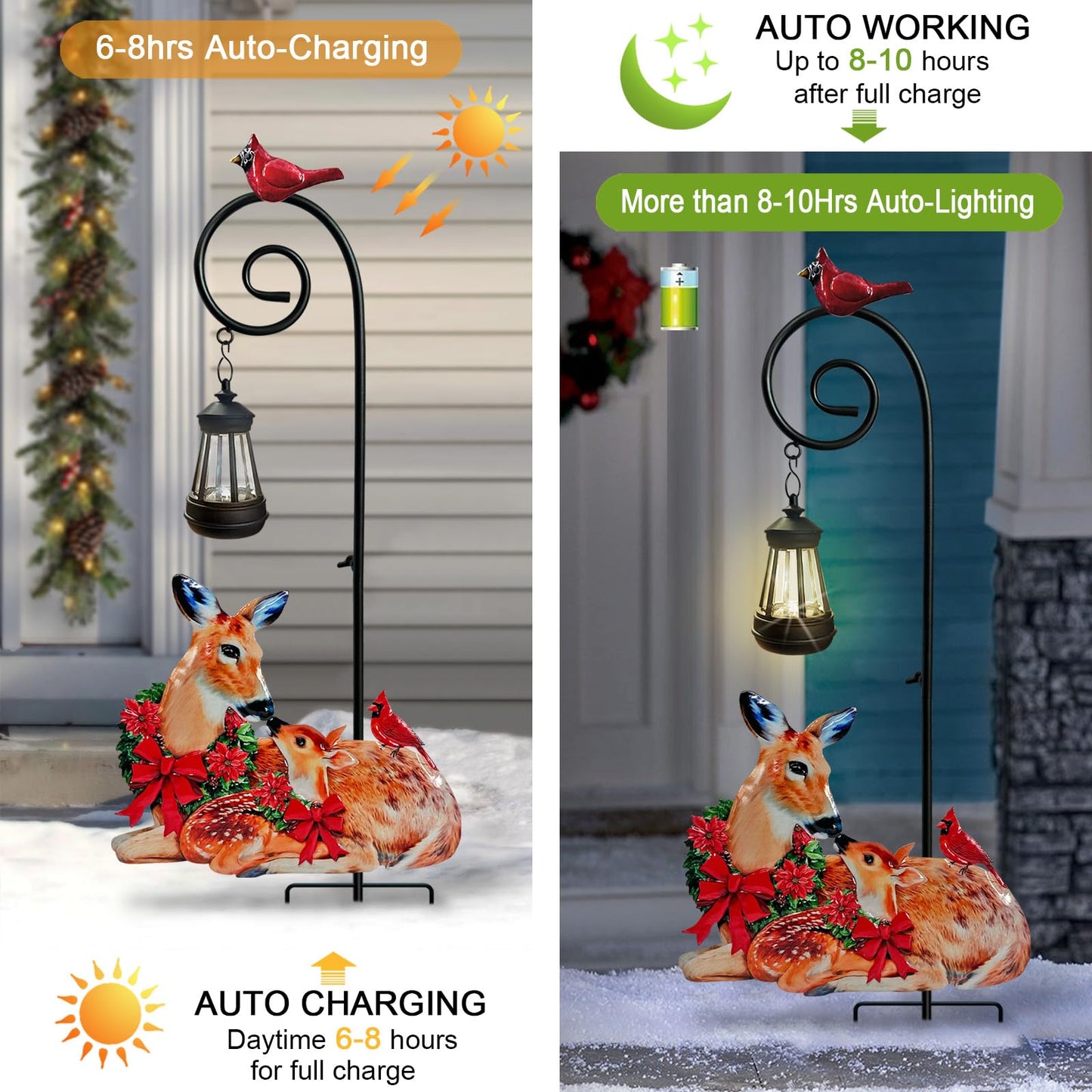 Deer Metal Garden Stake with Solar Lantern,Christmas Decorations Outdoor Waterproof Sloar Lights Outside,Doe and Fawn Outdoor Statue