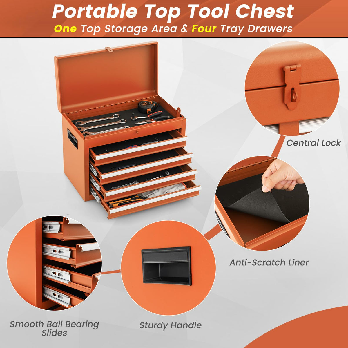Goplus Rolling Tool Chest, 5-Drawer Tool Box Organizer w/Lockable Wheels & Sliding Drawers & Detachable Top & Adjustable Shelf, Tool Storage Cabinet for Garage Workshop (Orange)
