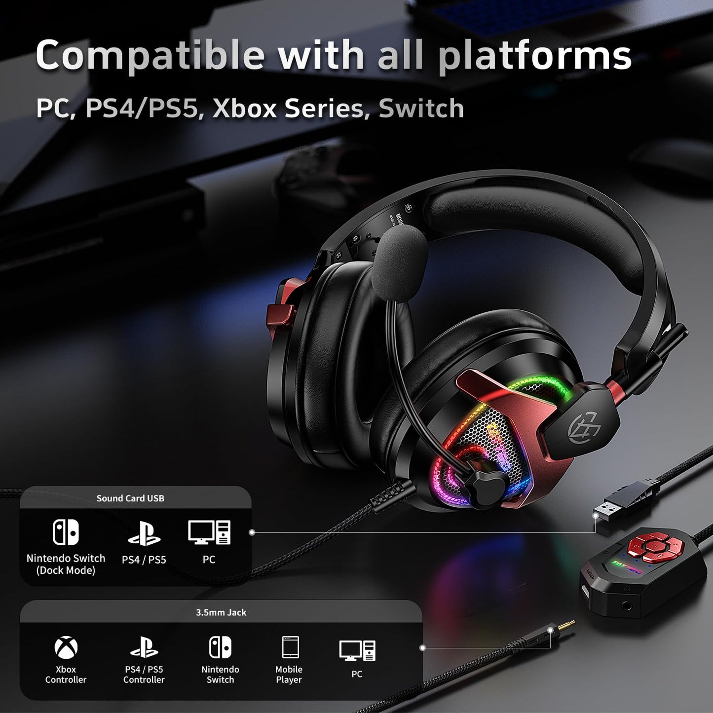 Tatybo PC Gaming Headset with Mic for PS5 PS4 Xbox, USB Headset with 7.1 Surround Sound, Wired 3.5mm Headphones, RGB
