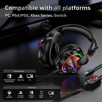 Tatybo PC Gaming Headset with Mic for PS5 PS4 Xbox, USB Headset with 7.1 Surround Sound, Wired 3.5mm Headphones, RGB