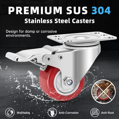 W B D WEIBIDA 2 Inch Stainless Steel Caster Wheels with Brake,Rust-Proof 304 Casters Set of 4,Anti-Corrosion Industrial Castor for Furniture,Labs,Hospitals,Restaurants, Toolbox