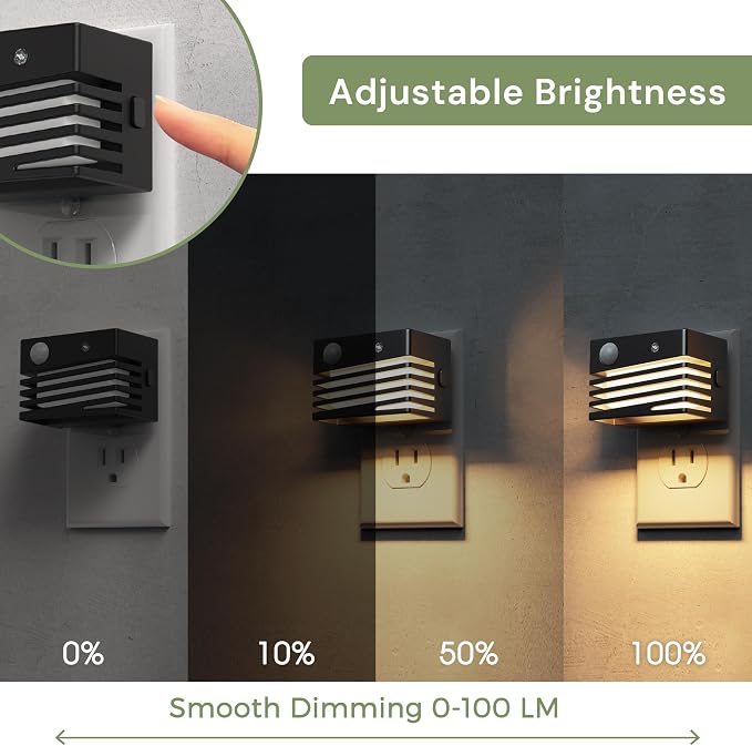 L LOHAS LED Motion Sensor Night Lights, [2 Pack] Dimmable Night Light Plug into Wall with Dusk-to-Dawn Sensor, Adjustable Brightness, 3000K Plug in Nightlight for Bedroom Bathroom Hallway (Black)