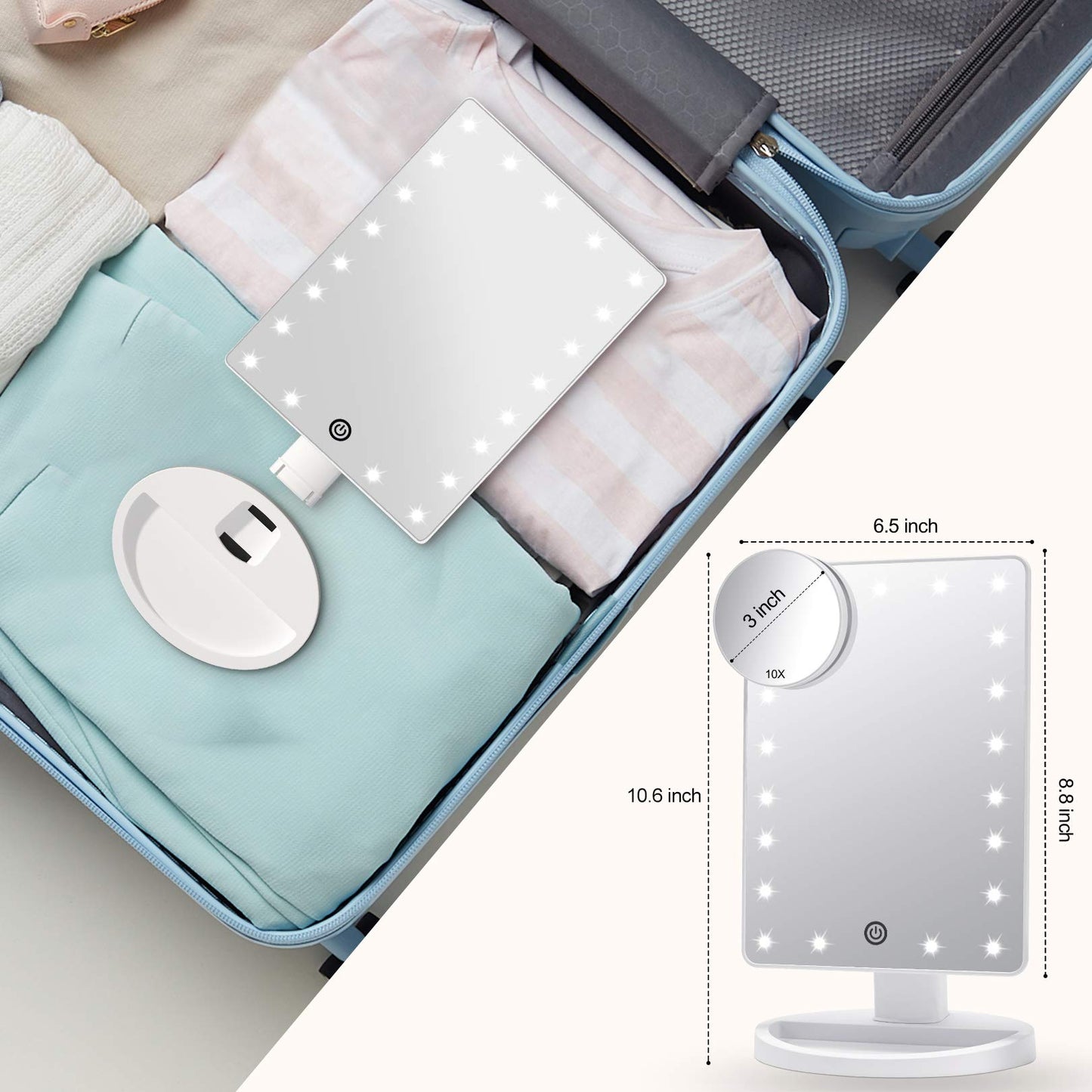 FASCINATE Makeup Vanity Mirror with Lights and Detachable 10X Magnification, 21 Led Lights Adjustable Dimming Touch Sensor, Dual Power Supply, 180° Rotation, Portable Cosmetic Mirror(White)