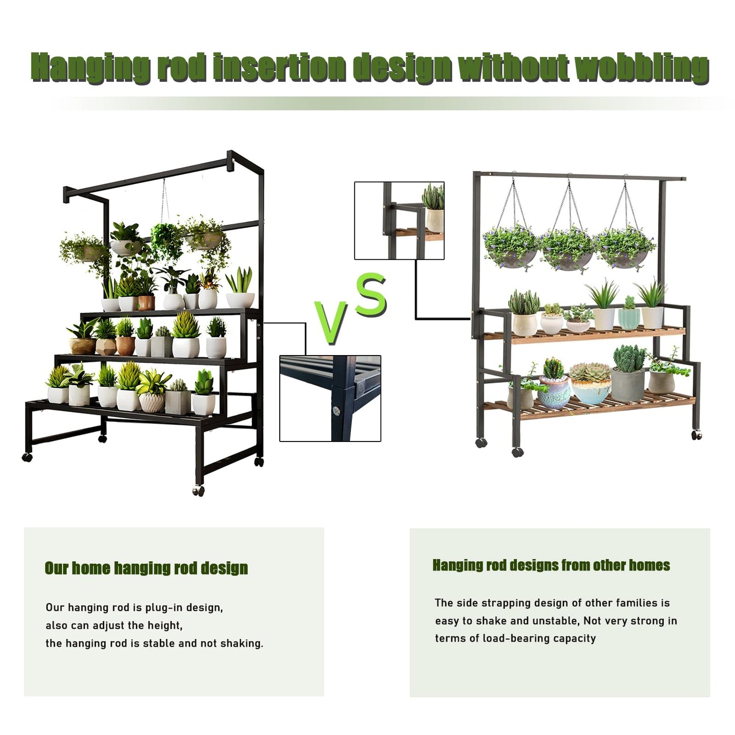 GFFQLXHT 4Tier Sturdy Metal Plant Stand with Wheels, 31x24x65 Inch HighBlack Multiple Tiered Flower Display ，Heavy Duty Succulent Shelf for Home Indoor and Outdoor，Stair Shape，440 LBS Capacity (31in)