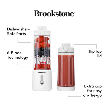 Brookstone 500mL Compact Portable Blender with Additional Lid for On-the-Go Convenience - Personal Blender Perfect for Shakes, Smoothies, Food Prep, and Frozen Blending, BPA-Free (White)