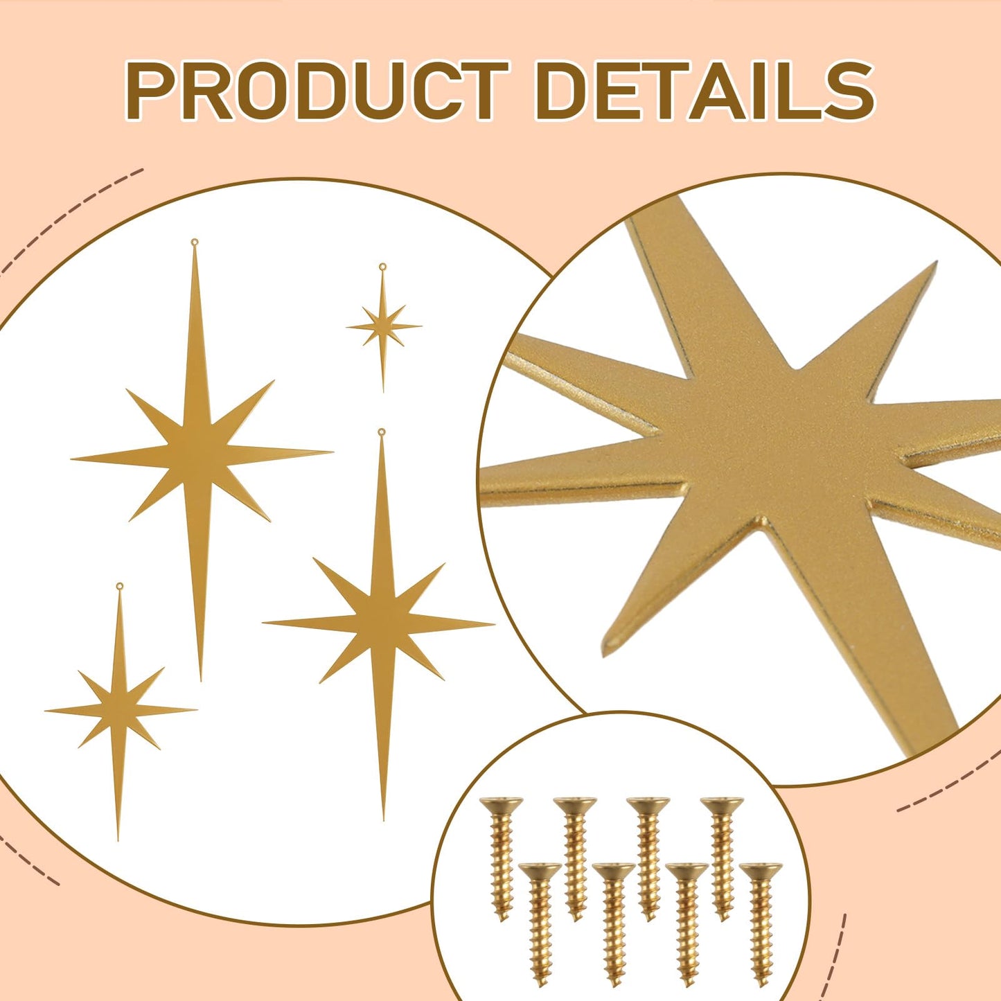 8 Pcs Gold Star Mid Century Modern Decor, 4 Sizes Retro 8 Pointed Atomic Stars Metal Wall Art, Make Your Home Elegant and Beautiful, Well Hangings for Living Room, Office, Bedroom