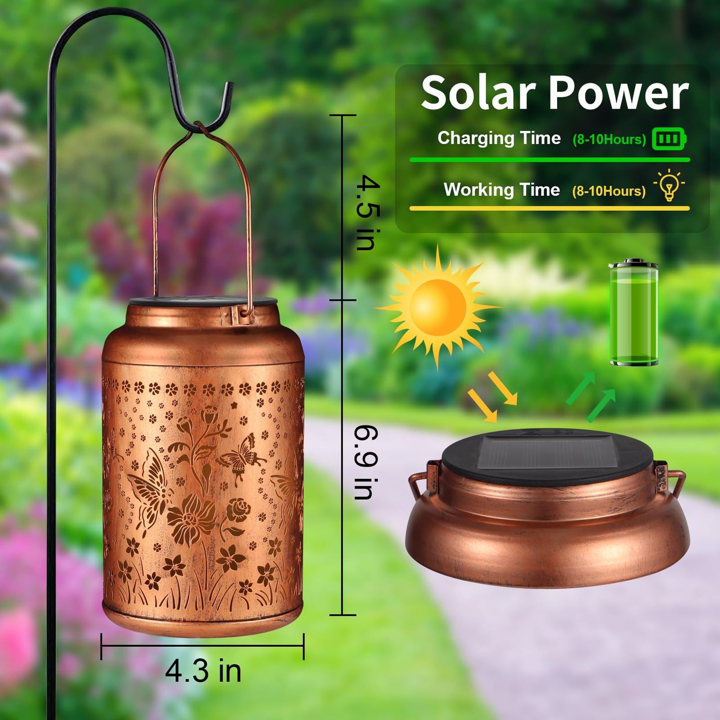 Solar Lantern Outdoor Hanging Lights Christmas Birthday Gifts for Women Mom and Grandma Butterfly Flower Metal Garden Decor Outside Waterproof LED Solar Lanterns for Patio, Yard, Pathway,