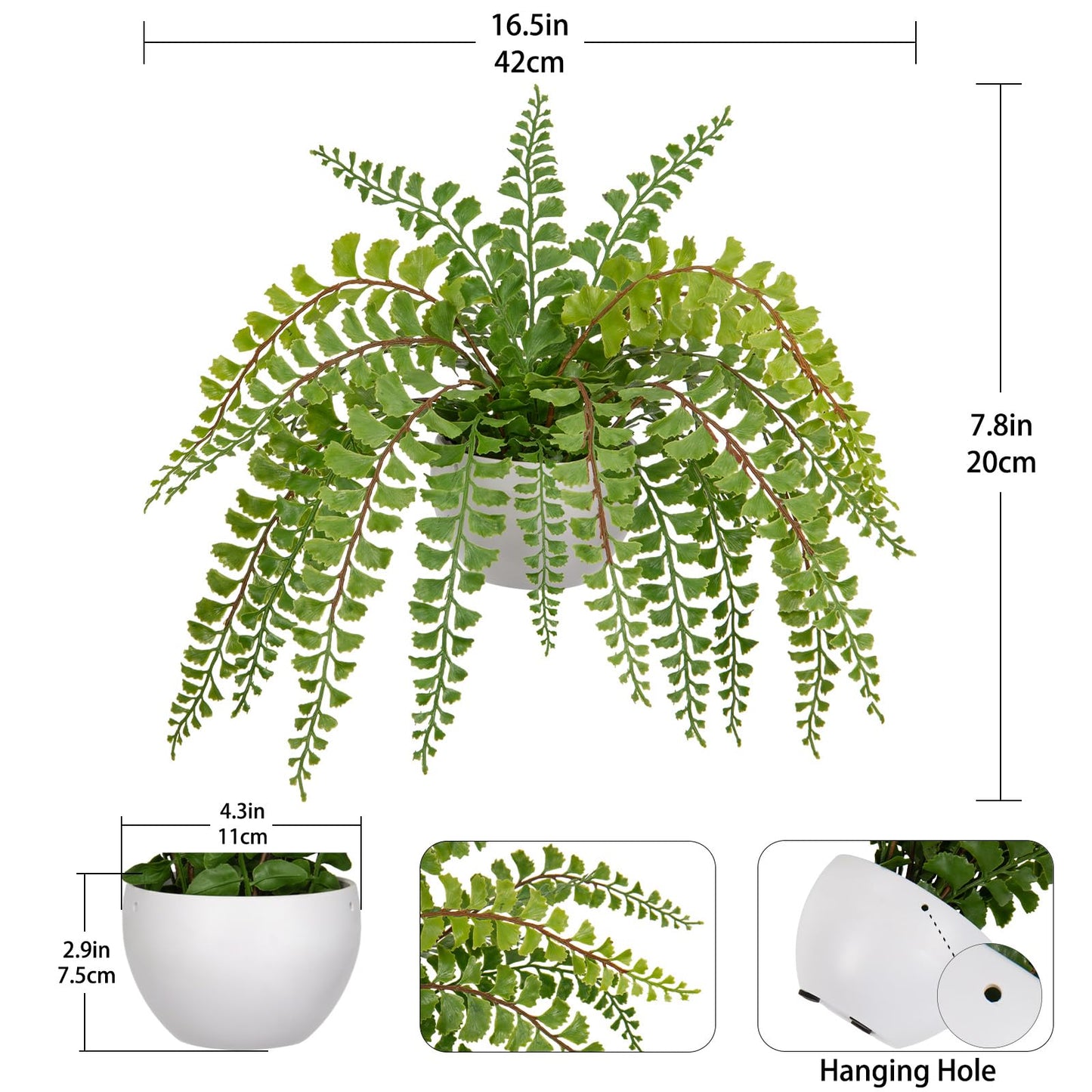 Hollyone Artificial Fern Potted Plant for Outdoors Indoors Lifelike Faux Boston Fern Artificial Plants in White Pot for Garden Patio Home Farmhouse Windowsill Office Decoration