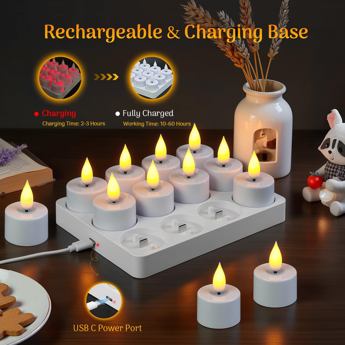 Lacasa Rechargeable LED Tea Lights, 12 Pack Flameless Candles with Remote Control Timer & Charging Base, Battery Operated Flickering Votive Candles for Wedding, Halloween, Christmas, Home Decor