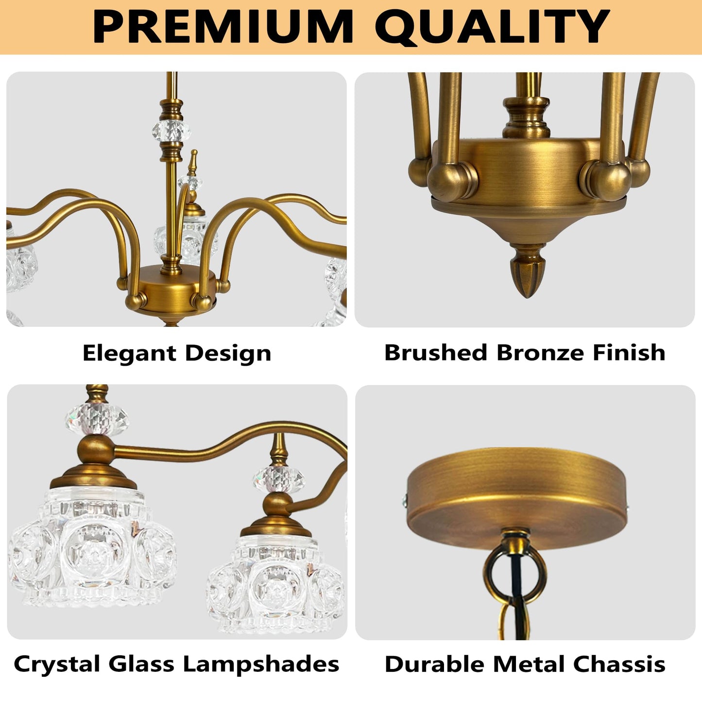 Montex Brass Pendant Light Fixture, Gold Vintage Chandelier Light Fixture 5 Lights, Include 6 Light Bulbs Glass Pendant Light Crystal Hanging Light