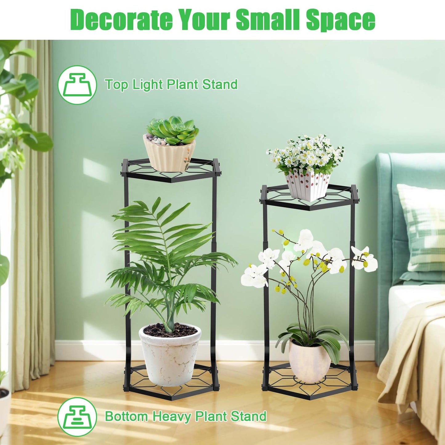DUMING-IN Plant Stand Indoor-2 Tier Adjustable Tall Plant Stand Flower Pot Holder Metal Plant Rack Lightweight Duty Rustproof for Garden Corner Patio Lawn Balcony Office Living Room