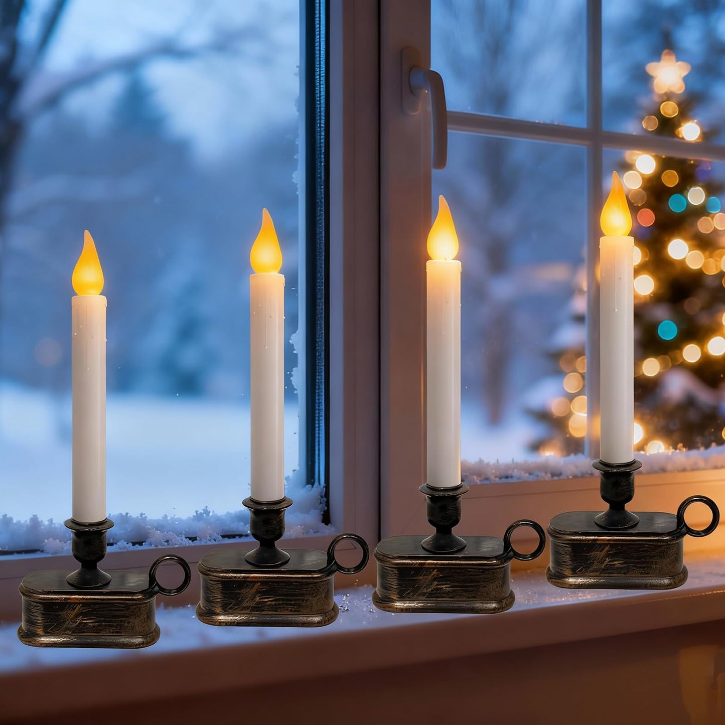 4 Pack Christmas LED Candle Lamps with Sensor, 10Inch Battery Operated Window Candles with Flickering Flame for Indoor Bedroom Christmas Decoration with Bronze Plated Holder