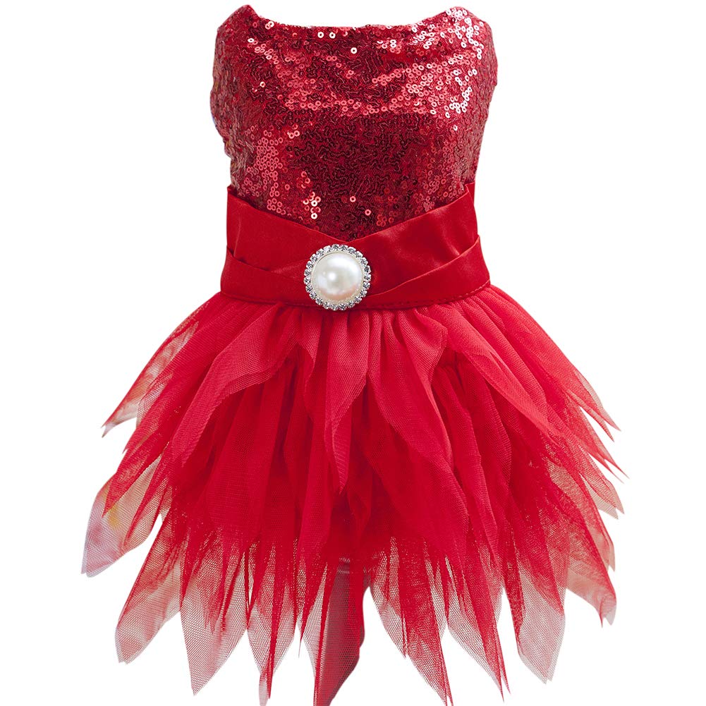 Tangpan Beam Waist Christmas Pet Costume Dog Dance Skirt Satin Camp Party Dress(Red,L)