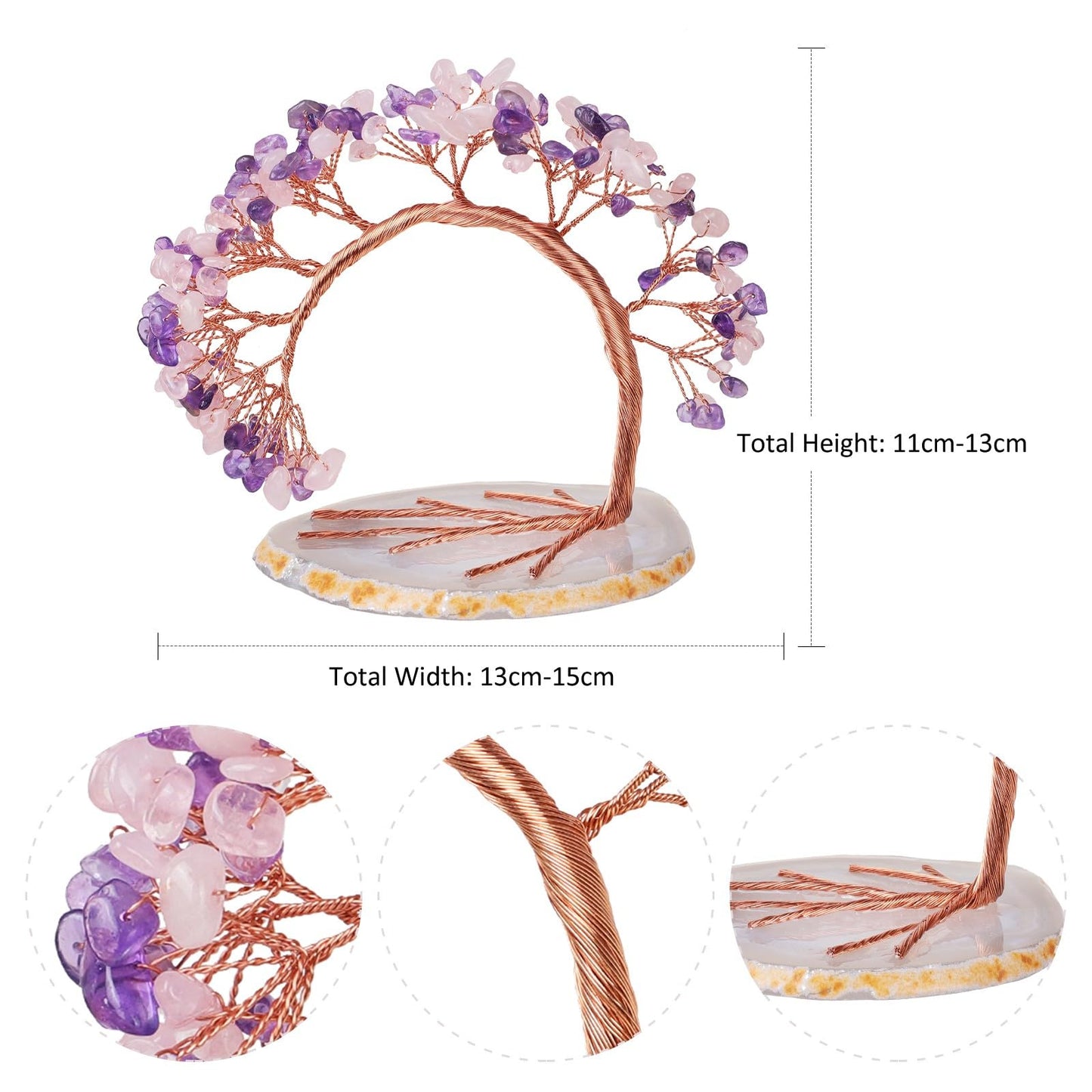 dssmboom Handmade Amethyst & Rose Quartz Crystal Tree on Agate Slice Base, Feng Shui Stone Money Tree Bonsai for Home Office Decoration, 4.5"-5.2"