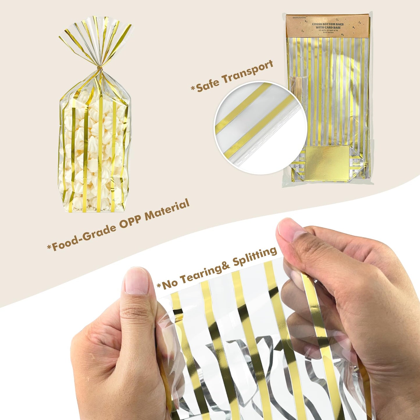 EKAPACKAGING 25 Pcs 3.21x2.42x12in Flat Bottom Cellophane Bags (6x12in Flat Size), Metallic Gold Stripe Treat Bags with Ties, Heat Sealable Clear Cello Bags for Cookies