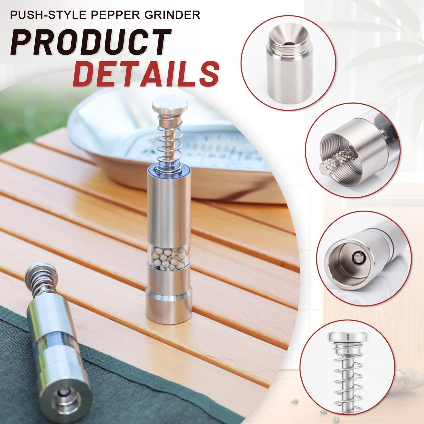 NEETUE 3PCS Stainless Steel Mini Pepper Grinder, Refillable Salt and Pepper Grinder Set with Push Button, Manual Peppercorn Grinding Tools for Sea Salt and Spice