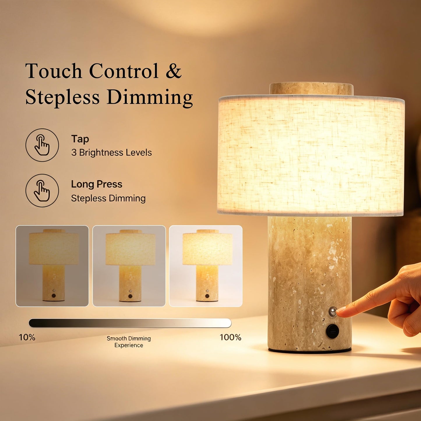 YMXYJM Marble Table Lamp, Rechargeable Cordless Bedside Lamp with Touch Control & Stepless Dimming, Linen Shade Decorative Lamp for Bedroom, Living Room, Nightstand & Bookshelf, Travertine