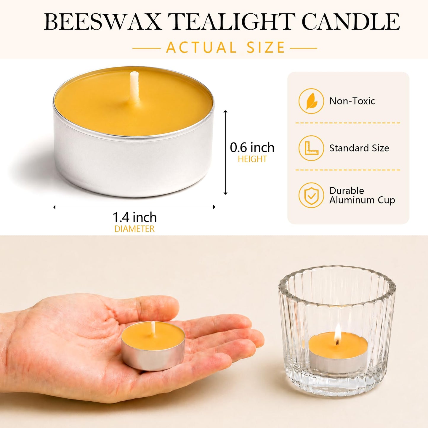 48 Pack Natural Beeswax Tealight Candles 4-5 Hour Long Burning Time