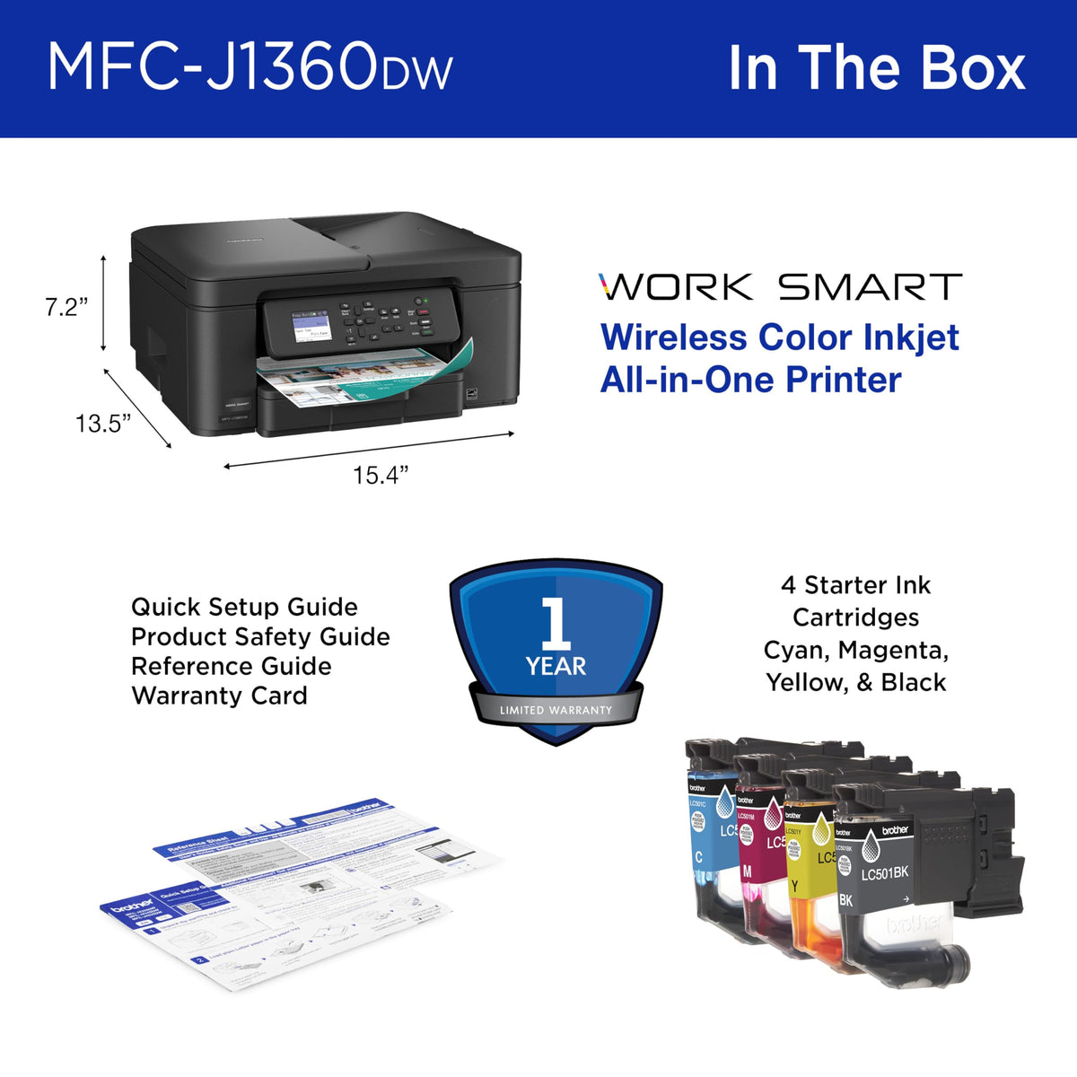 Brother Work Smart 1360 Wireless Color Inkjet All-in-One Printer with Automatic Duplex Printing and 1.8” Color Display | Includes Refresh Subscription Trial(1) (MFC-J1360DW) (Uses LC501 Series Inks)