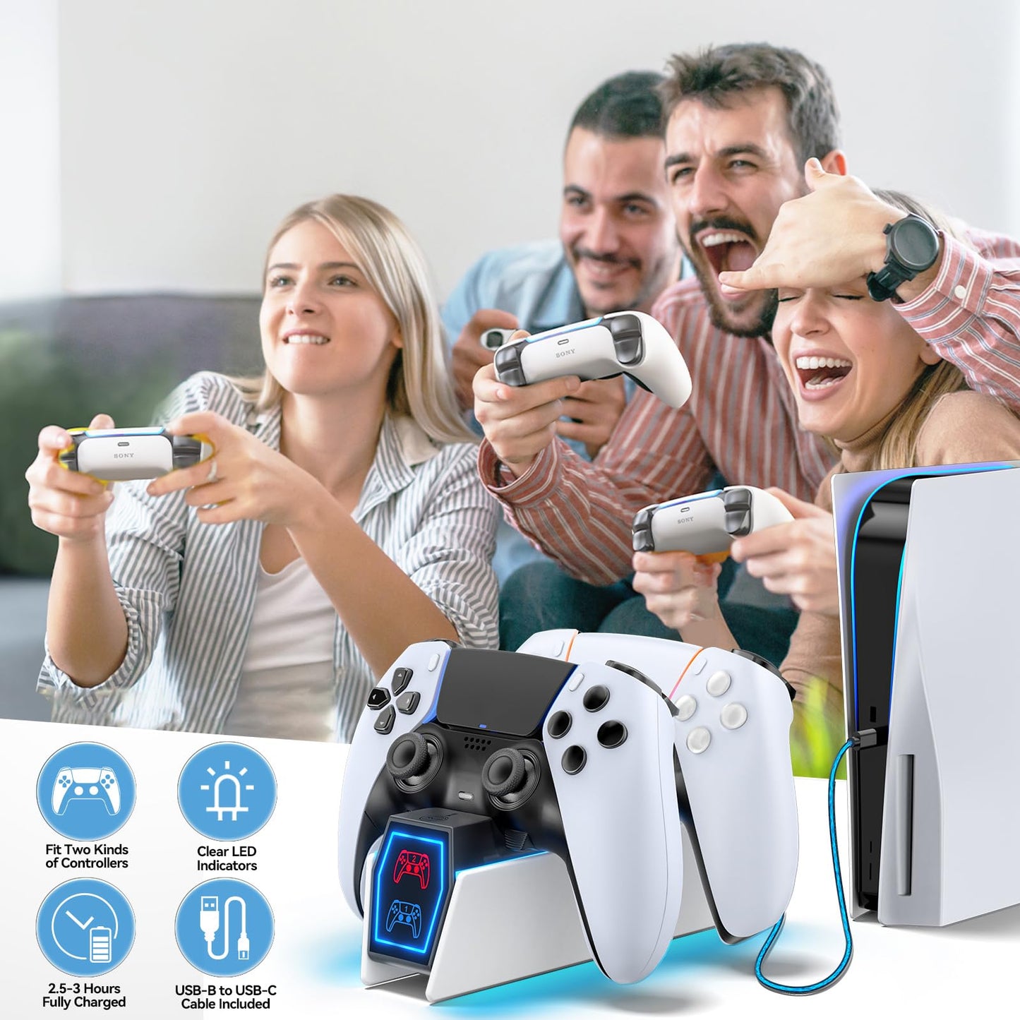 PS5 Controller Charger Station Compatible with PlayStation 5 Faceplates Edge & Dual Controller, 9 Lightings PS5 Accessories Charging Station, PS 5 Dock Stand with LED Indicator & On-off Switch & Cable