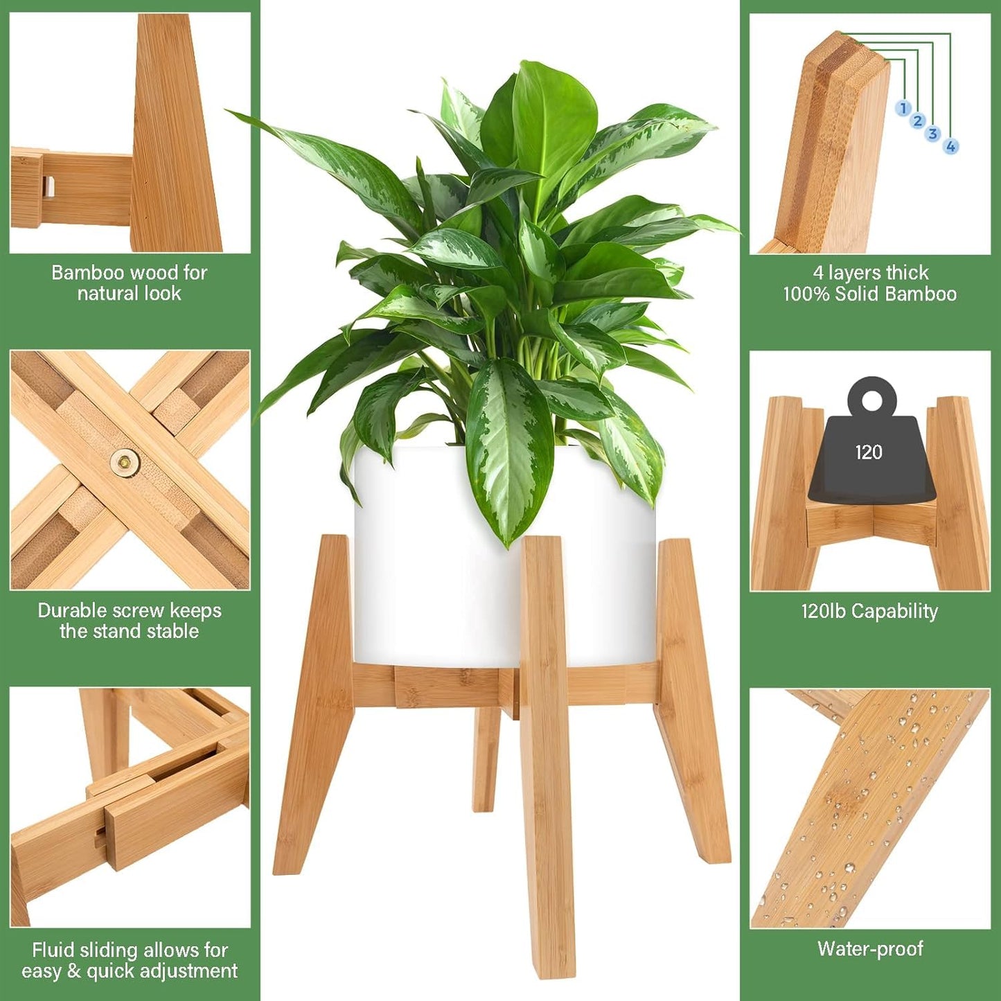 LEIMO KPARTS Adjustable Bamboo Plant Stand (8-12 inches), Mid Century Modern Indoor Plant Holder