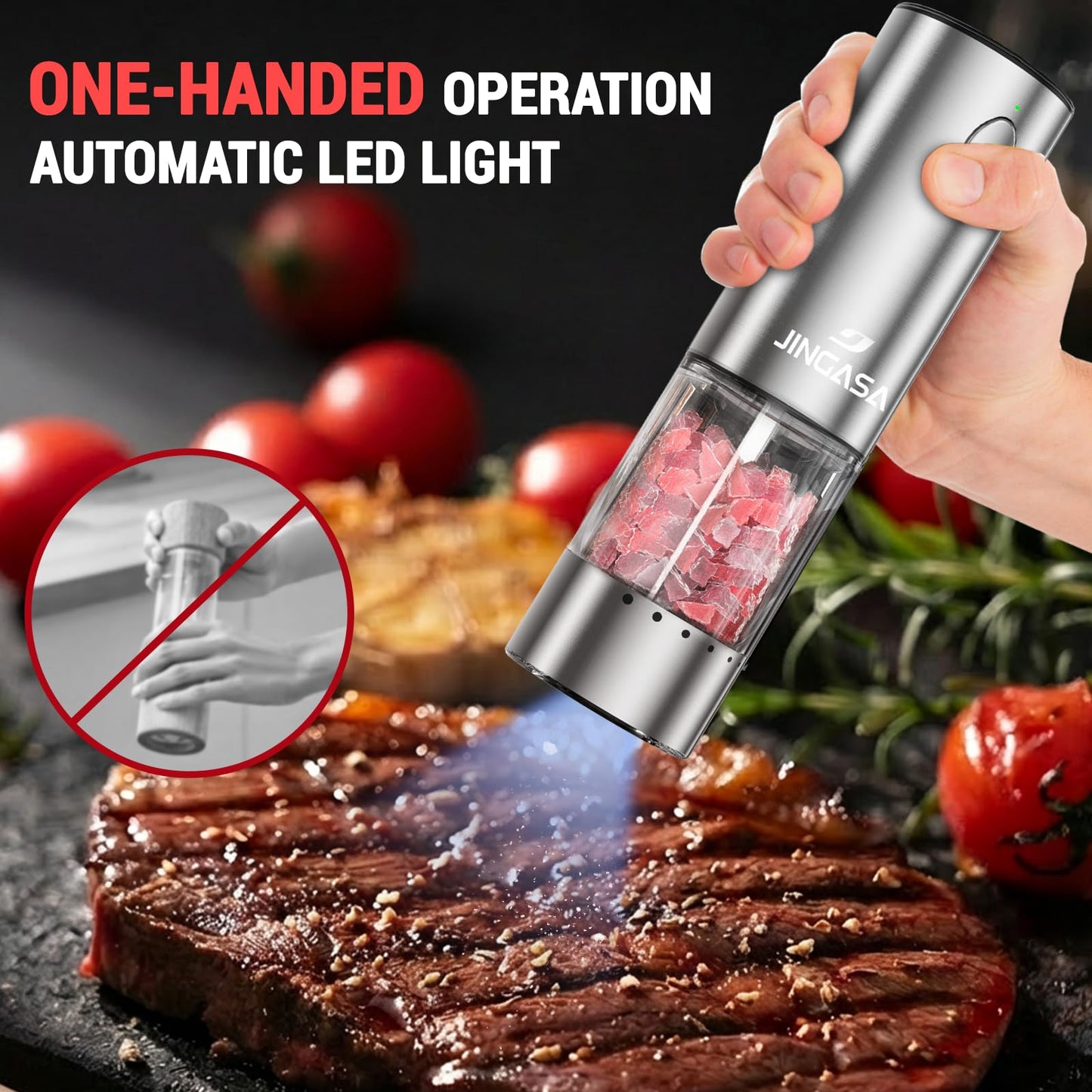 Electric Salt and Pepper Grinder Set with External Coarseness Adjustment, 95ml Large Capacity Automatic Pepper Mill, USB-C Charging Base with LED Light, Stainless Steel Spice Grinder, 2-Piece Set