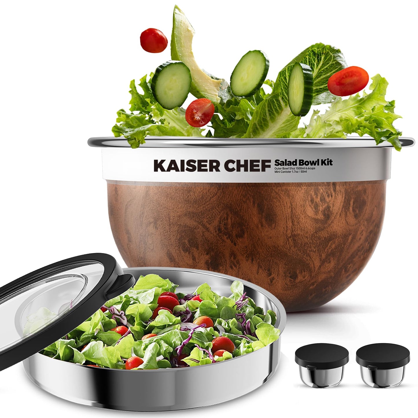 Kaiser chef Salad Bowl Kit 74oz,Salad Container For Lunch,18/8 Stainless Steel,Salad Bowl With Lid, Includes 1.7oz Condiment Container and Removable Tray,Leak-Proof, Easy to Clean (Wood)