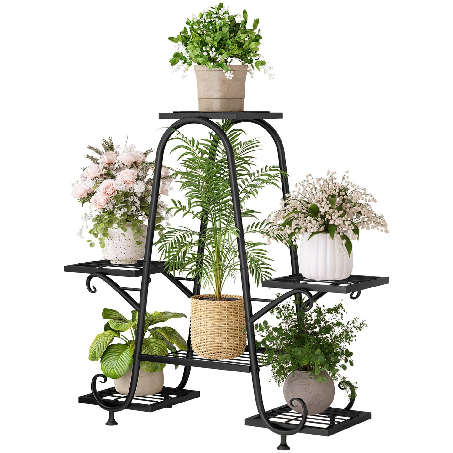 INGIORDAR Plant Stand Indoor Outdoor Shelf Metal Holder Pot Rack Multiple Plants Stand Tall 6 Pot Flower Shelf Corner Living Room Garden,Black (Black, 6 Pots)