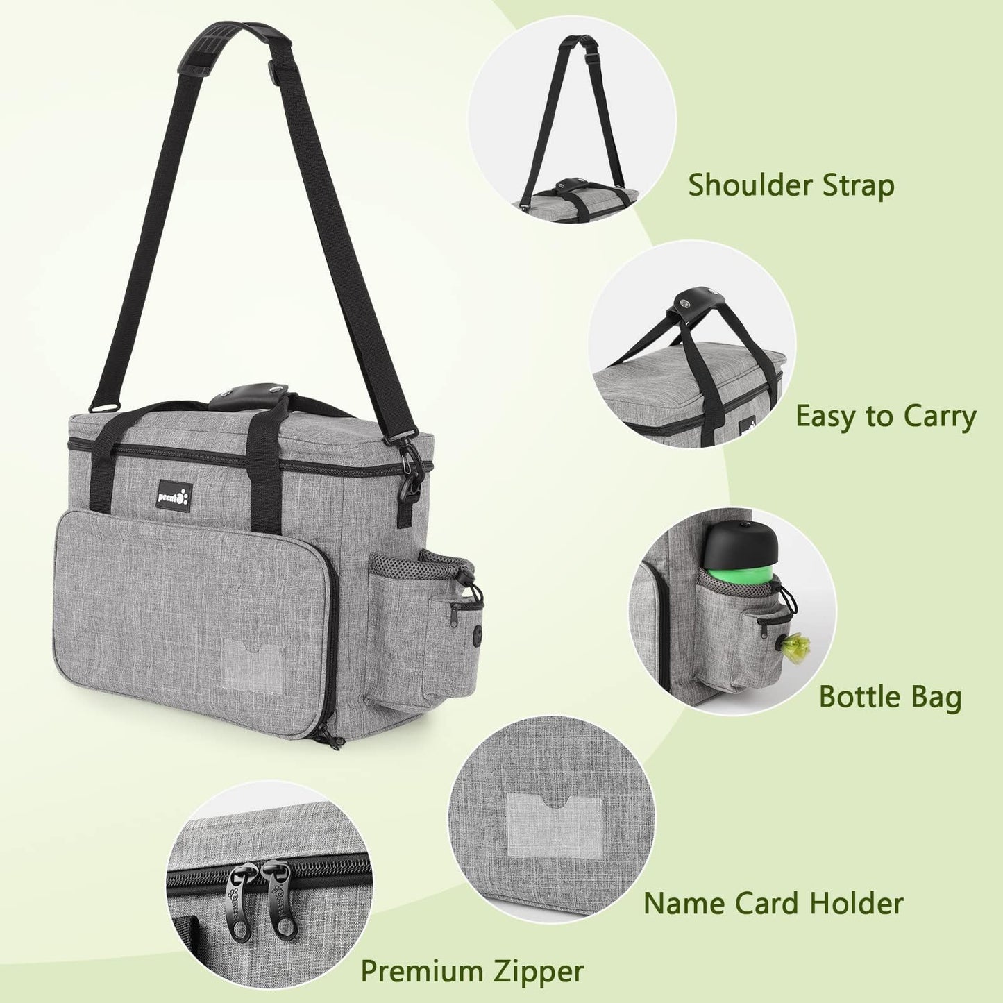 pecute Dog Travel Bag Large, Portable for Travel, Pet with Multi-Function Pockets, Tote Organizer Outdoor use Set 2 Food Bags + Collapsible Bowls, Grey