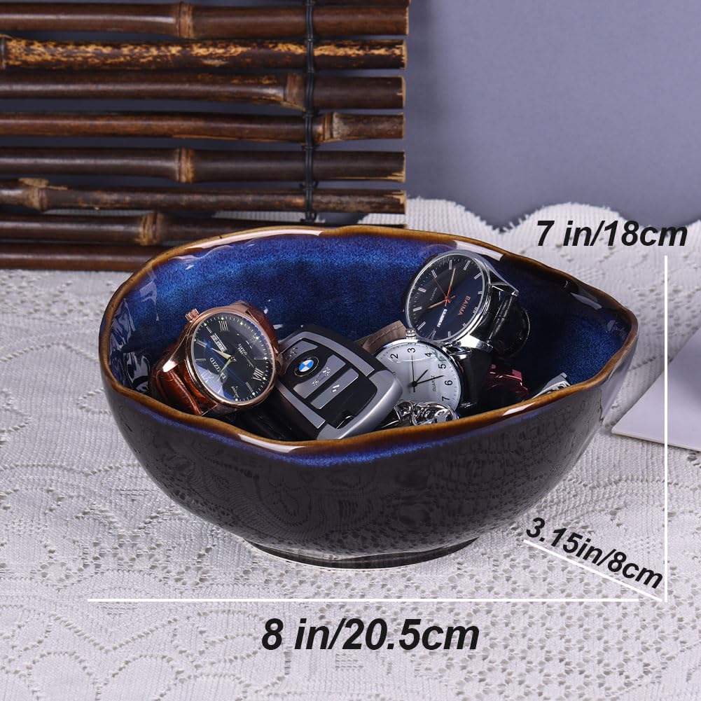 8" Blue Ceramic Decorative Bowl, Entryway Table Decor Pottery Key Bowl, Candy Dish, Salad Bowl, Blue Decor Small Jewelry Trinket Dish for Bedroom, Centerpiece, Bedside Table, Living Room Decorative