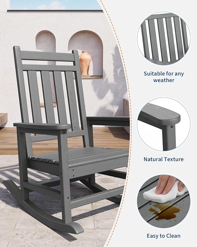 GarveeLife Poly Lumber Rocking Chair Outdoor - HDPE High Back Porch Rocker Chairs for Adults - All Weather Resistant Furniture for Patio - Grey